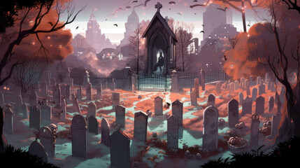 llustration of a cemetery in halloween in white tone colors. fear horror
