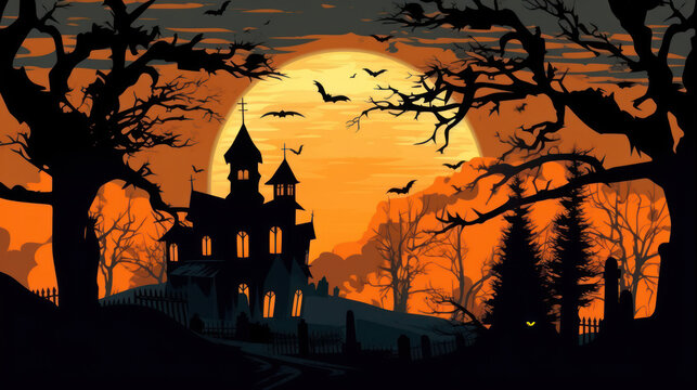 llustration of a cemetery in halloween in black tone colors. fear horror