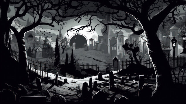 llustration of a cemetery in halloween in black tone colors. fear horror
