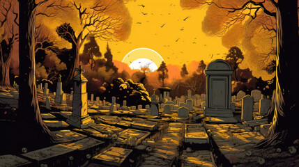 llustration of a cemetery in halloween in yellow tone colors. fear horror