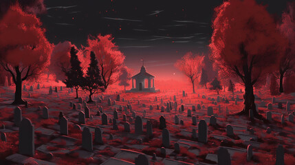 llustration of a cemetery in halloween in scarlet tone colors. fear horror - obrazy, fototapety, plakaty