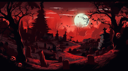 llustration of a cemetery in halloween in dark red tone colors. fear horror
