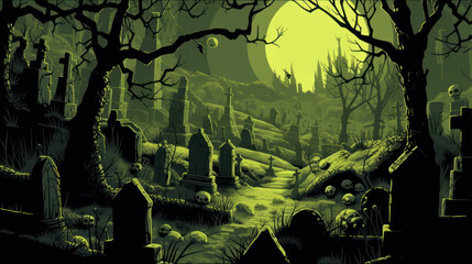 llustration of a cemetery in halloween in light lime tone colors. fear horror
