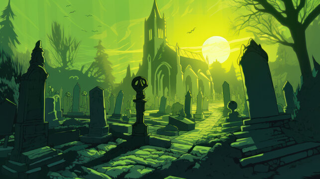llustration of a cemetery in halloween in light lime tone colors. fear horror