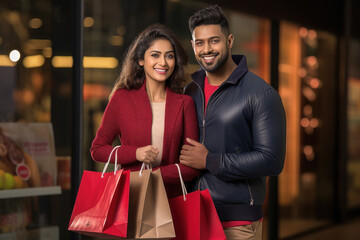 Young indian couple holding shopping bags and giving happy expression