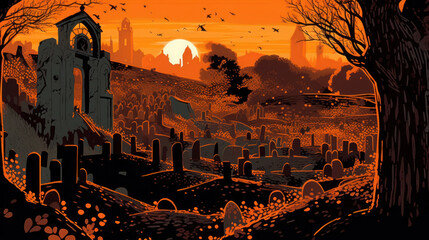 llustration of a cemetery in halloween in vivid brown tone colors. fear horror