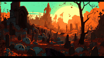 llustration of a cemetery in halloween in vivid brown tone colors. fear horror