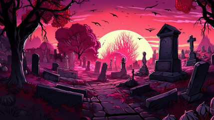 llustration of a cemetery in halloween in vivid maroon tone colors. fear horror