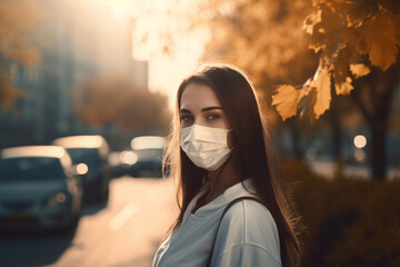 Obraz premium woman in a mask outdoor autumn, AI generated