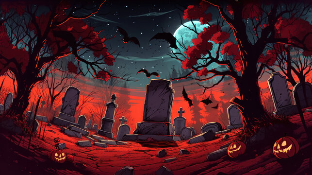 llustration of a cemetery in halloween in vivid red tone colors. fear horror