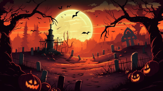 llustration of a cemetery in halloween in vivid orange tone colors. fear horror