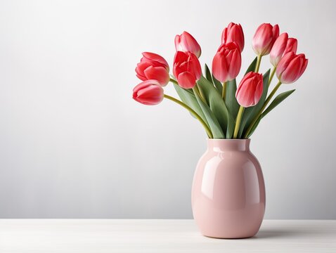 International woman's day concept. Spring home decorations with bouquet of red tulips in modern vase on white background, Generative AI