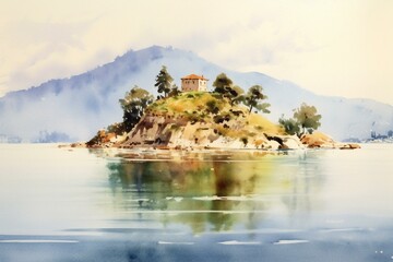 Watercolor painting of an island in Montenegro. Generative AI