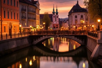Evening view of a historic cityscape in Ljubljana, Slovenia. Generative AI - obrazy, fototapety, plakaty