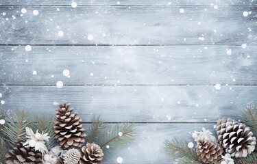 Gorgeous natural background picture with a Christmas or New Year's theme, including the bare branches of a spruce tree on wooden table and a backdrop of little snowdrifts. - obrazy, fototapety, plakaty