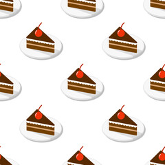 Chocolate cake seamless pattern on white background.