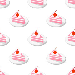 Strawberry cake seamless pattern on white background.