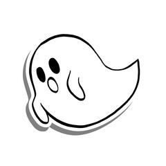 Vector illustration of Halloween Little Ghost Boo. Cartoon line on white silhouette and Gray shadow.