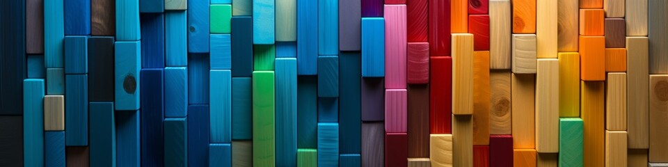 Colorful spectrum of wooden blocks in a chaotic pattern for use as background - obrazy, fototapety, plakaty