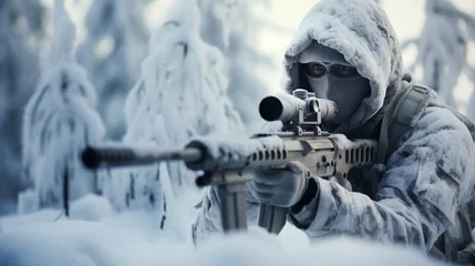 Poster Soldier aiming his sniper rifle in the cold winter snow during a battle © Brian