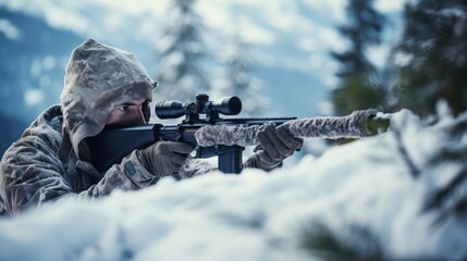 Soldier aiming his sniper rifle in the cold winter snow during a battle - obrazy, fototapety, plakaty