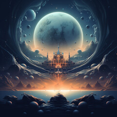 Fortress of Legends: Mythical Castle in Majestic Splendor under a moonlit - obrazy, fototapety, plakaty