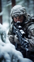 Fototapeta premium Soldier aiming his sniper rifle in the cold winter snow during a battle