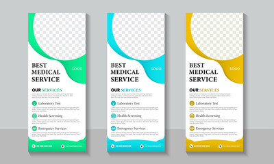Modern healthcare and medical roll up design for hospital doctor clinic dental. standing banner template decoration for exhibition, printing, presentation, elegant layout.