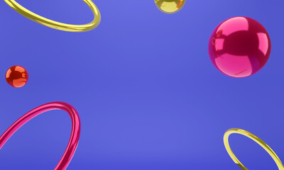 Red circles and thin rings. Colorful wallpaper. Trendy illustration design. 3d rendering.