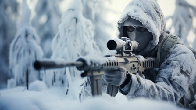 Soldier aiming his sniper rifle in the cold winter snow during a battle