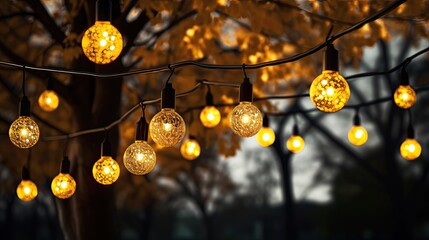 Close-up of outdoor garland with warm lights, with blurred trees on the background