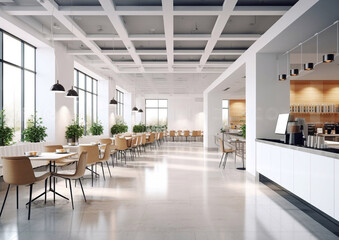 Modern interior office building cafeteria with large windows.Empty.AI Generative - Powered by Adobe