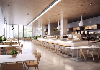 Modern interior food and snack cafeteria with chairs and tables.Empty.AI Generative