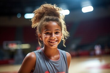 Portrait of a pretty African American 14-15 year old girl in a large sports hall.