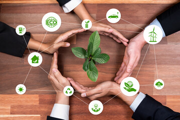 Business partnership nurturing or growing plant together with carbon icon symbolize ESG sustainable...