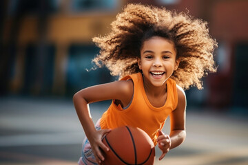 Portrait of a young female basketball player practicing with the classic ball outdoors.