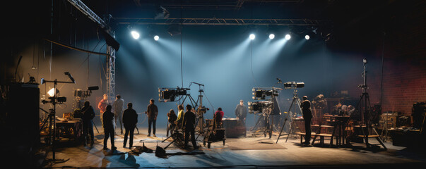 Silhouette people working in studio with equipment and lighting for making movie or commercial