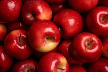 Fresh red apples with water drops, top view. Space for text. Fresh red apples as background, top view. Healthy dieting concept
