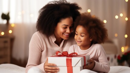 Happy mother's day. african american baby daughter giving gift box to her mom for holiday at home