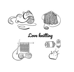 Knitting and crochet, outline drawings set, hand drawn design elements with playing cat.