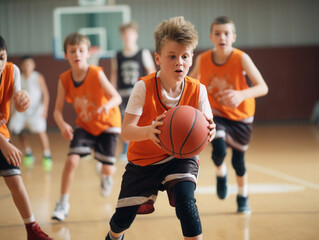Young basketball players play with classic ball in sports hall. Basketball training for teenagers.