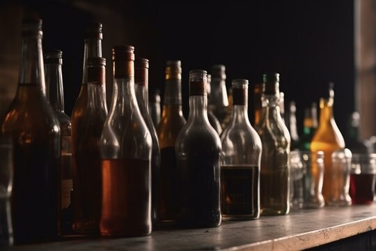 Alcohol on table. Store with bottles. Pub, assortment of bottles up-close. Generative AI