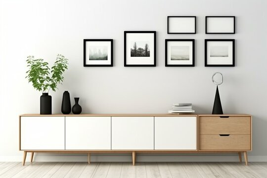 Bright gallery space with sideboard and decor. Empty picture frames. Generative AI