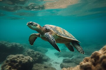 Naklejka premium Beautiful sea turtle with a calm presence, timeless aura, enigmatic nature, tranquility during mid-morning. Generative AI