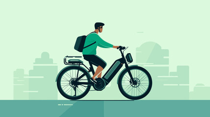 Obraz premium copy space, flat 2D vector illustration, a person riding on an e-bike. Alternative eco friendly transportation. Zero emission. Clean and sustainable transportation.