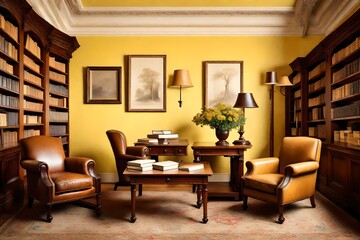 A traditional library with two leather club chairs and a wooden table on a pastel yellow backdrop.