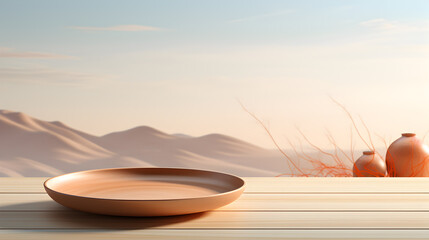 Dishes placed on the table, 3D landscape in the middle of nature.
