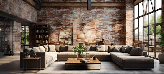 A living room with a brick wall and a couch and a coffee table. Comfortable Couch and Coffee Table Interior Decor for a Cozy Living Room. AI Generative