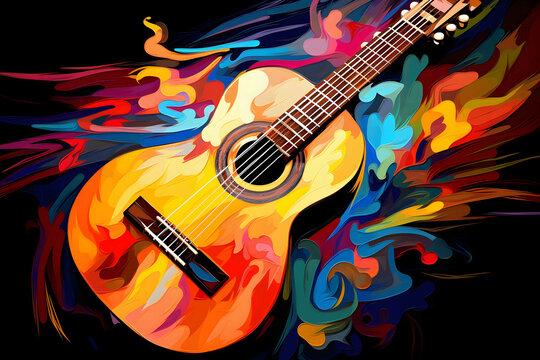 Abstract synthetism art of guitar, vibrant color