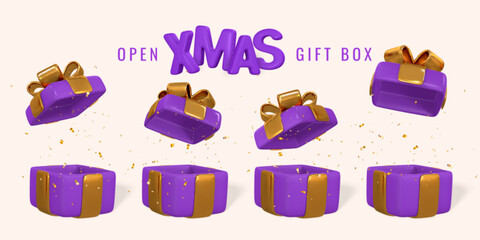 Open 3d realistic gift box with ribbon and bow for Xmas holiday. Vector illustration